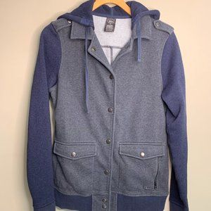 REI Women's Sweatshirt Snap Front Jacket Gray‎ Blue Navy Hoodie